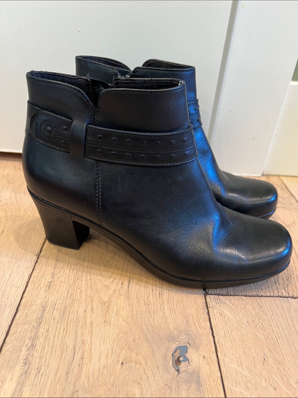 Clarks Black Leather Ankle Booties with Decorative Strap